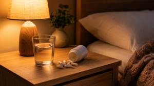Table de chevet en bois avec une lampe allumée, un verre d'eau et des gélules de magnésium, ambiance cosy le soir