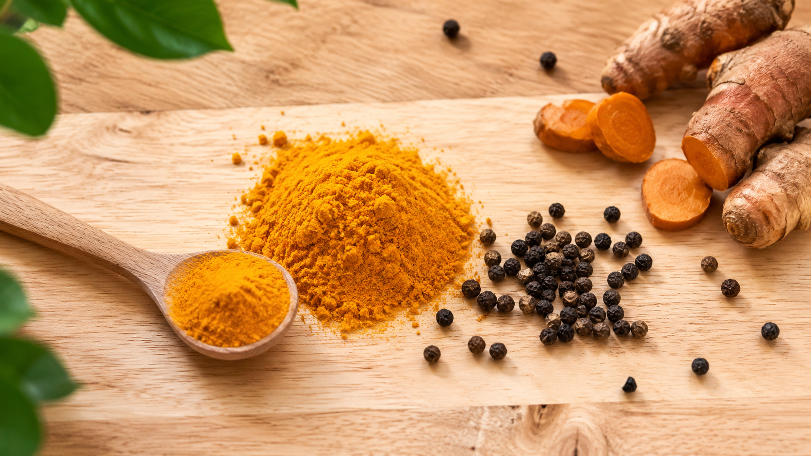 Poudre de curcuma et grains de poivre noir sur une planche en bois, avec une cuiller en bois