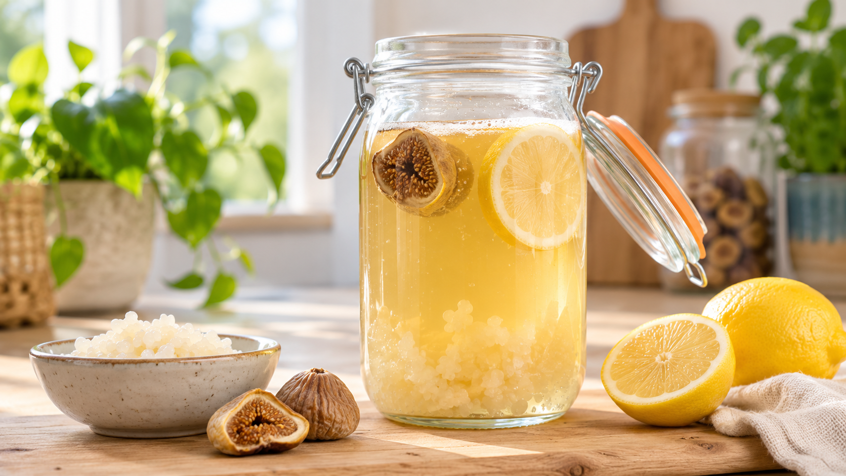 Bocal de kéfir de fruits maison avec citron et figues séchées