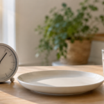 Horloge, assiette vide et verre d'eau sur une table, symbole du jeûne intermittent 16/8
