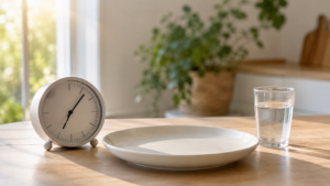 Horloge, assiette vide et verre d'eau sur une table, symbole du jeûne intermittent 16/8