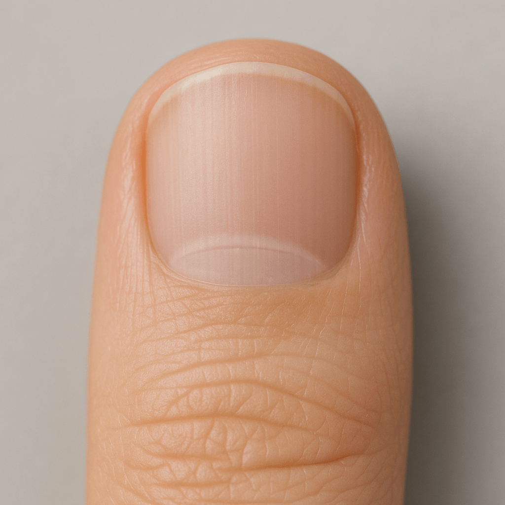 Gros plan sur un sillon transversal visible à la surface d’un ongle.