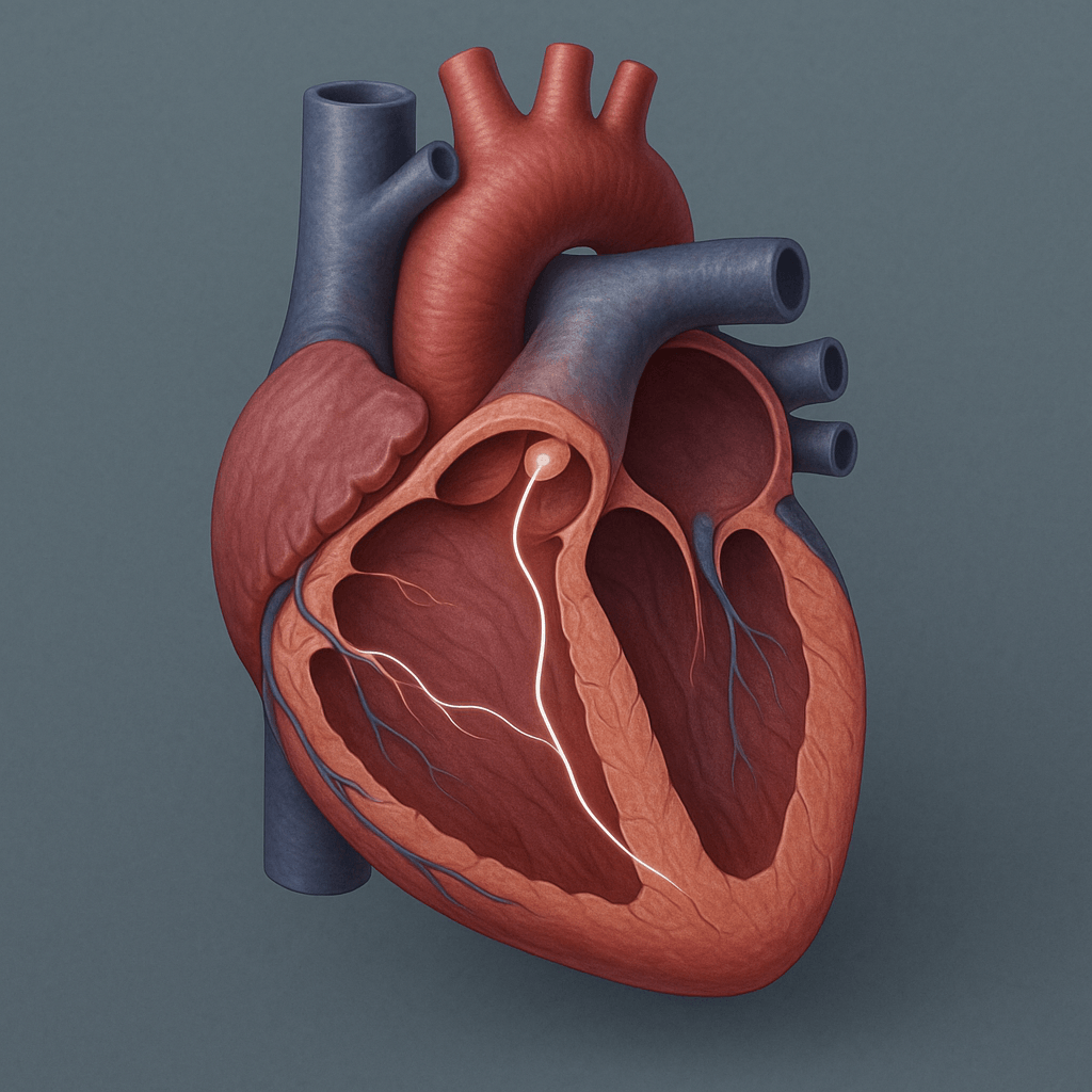 Illustration d’un circuit électrique cardiaque impliqué dans certaines tachycardies supraventriculaires.