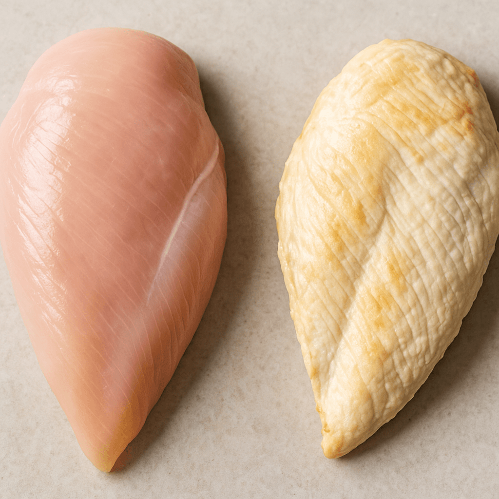 Deux états de cuisson du filet de poulet illustrent la variation de teneur en eau.