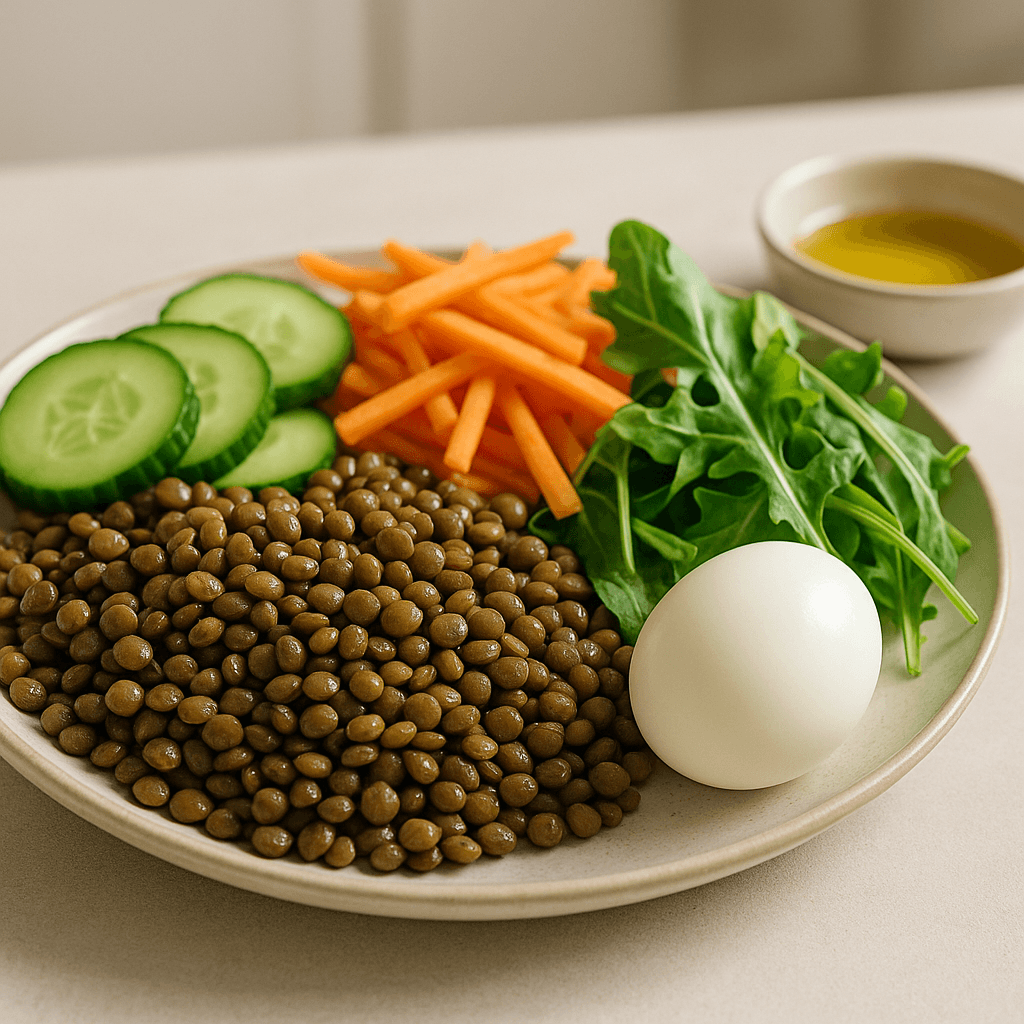 Une salade de lentilles, crudités et œuf compose l’un des déjeuners proposés.