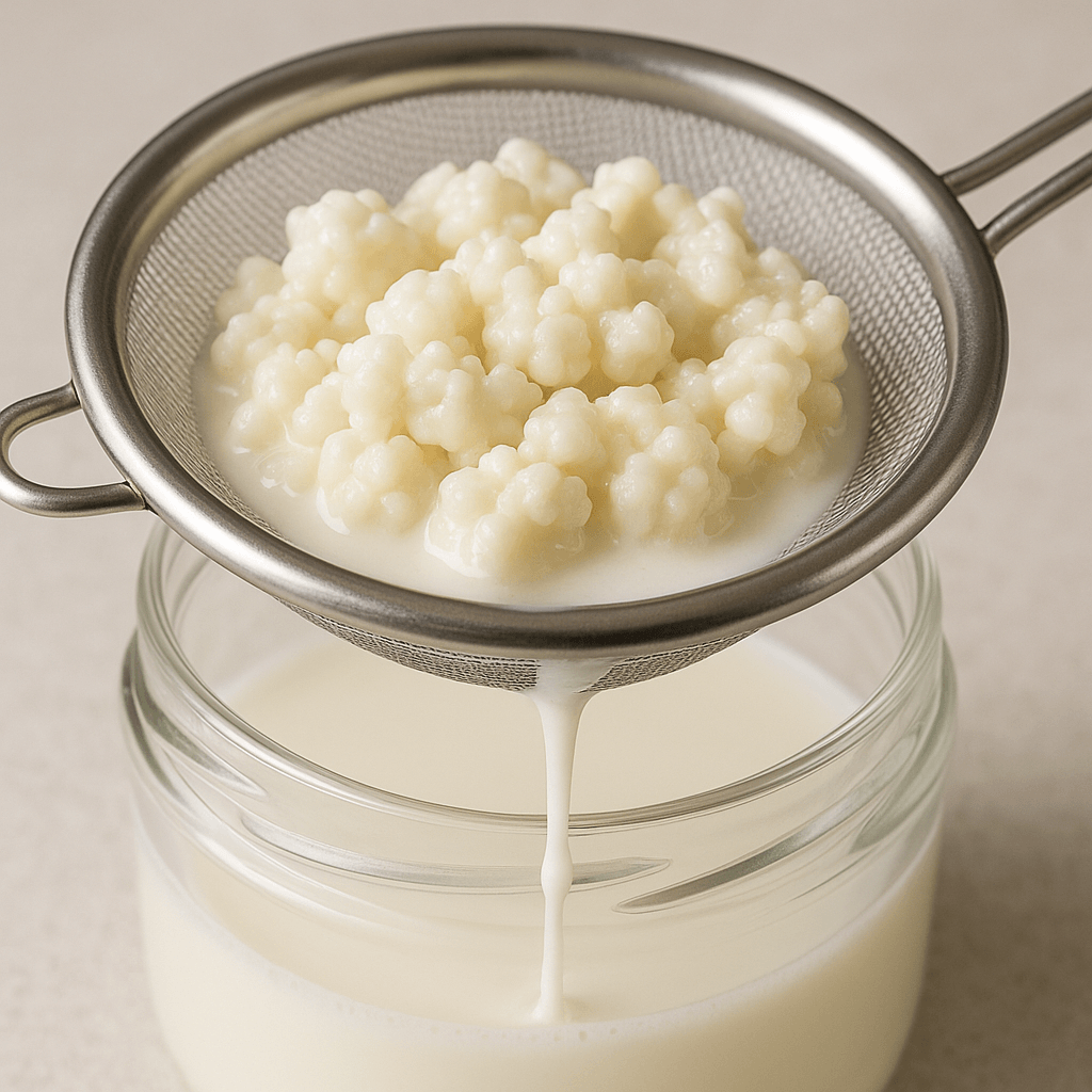 Filtration du kéfir de lait après fermentation, avec séparation des grains dans un récipient propre.