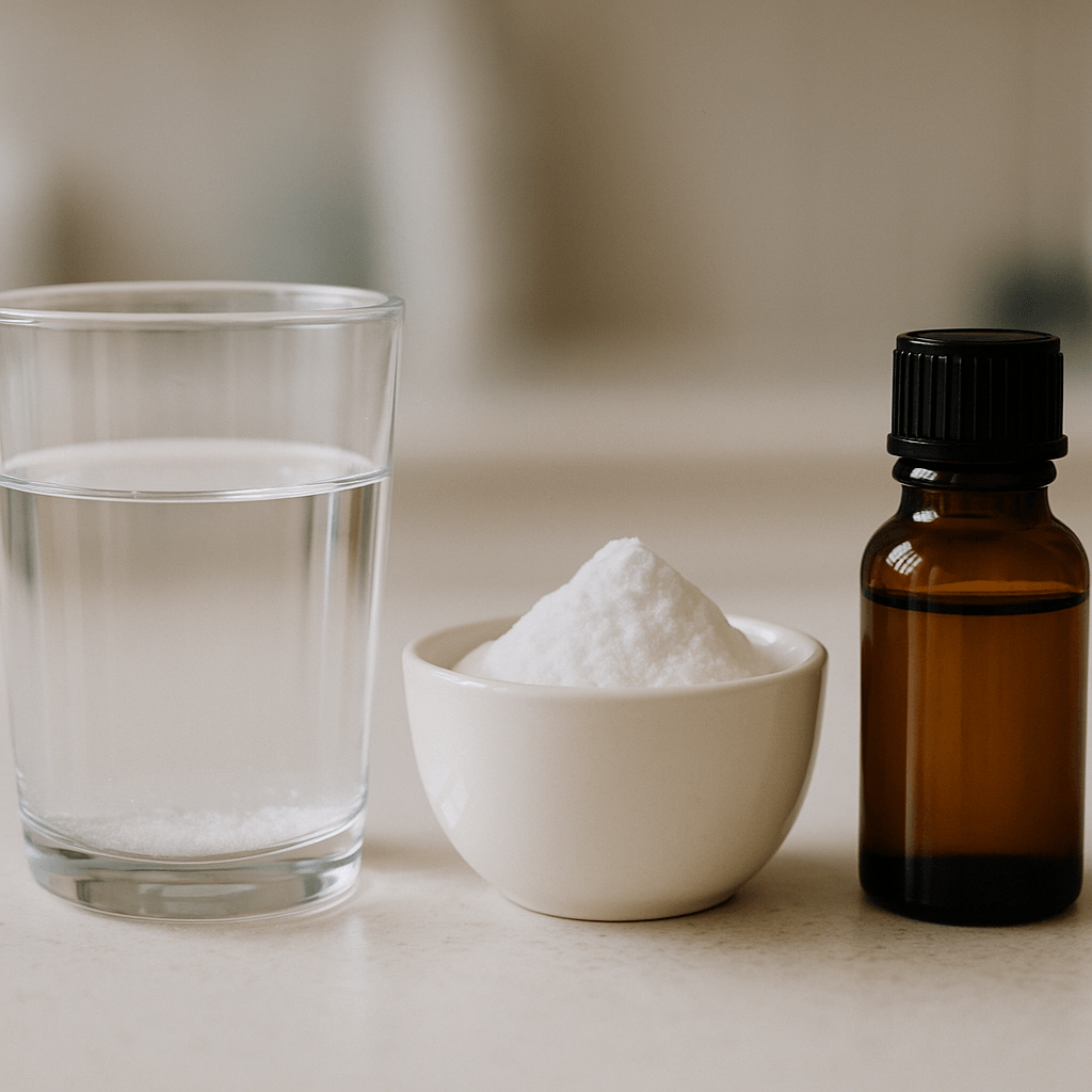 Eau salée, bicarbonate et huiles essentielles correspondent à des préparations distinctes.