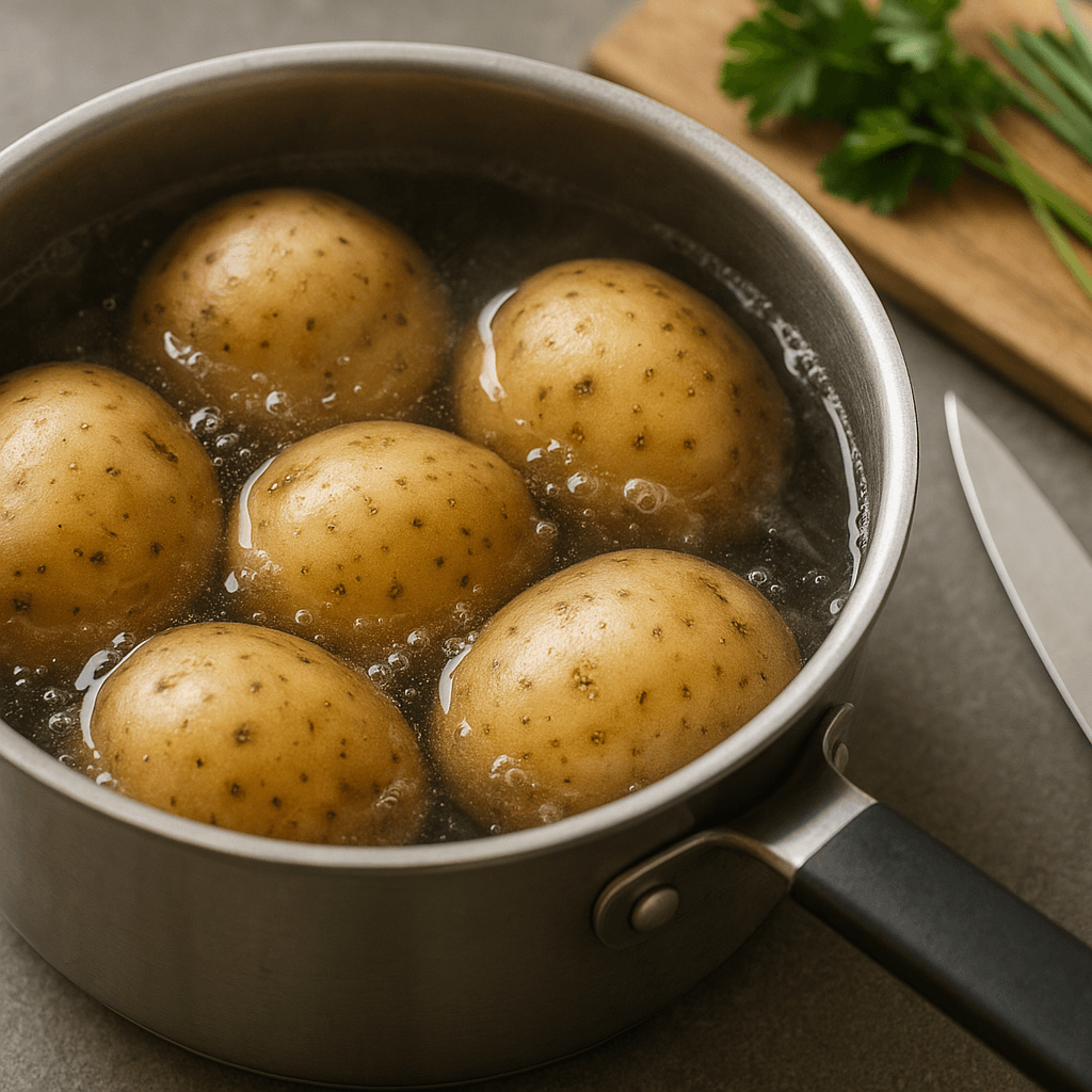 Les pommes de terre entières cuisent avec leur peau avant d’être pelées et assaisonnées.