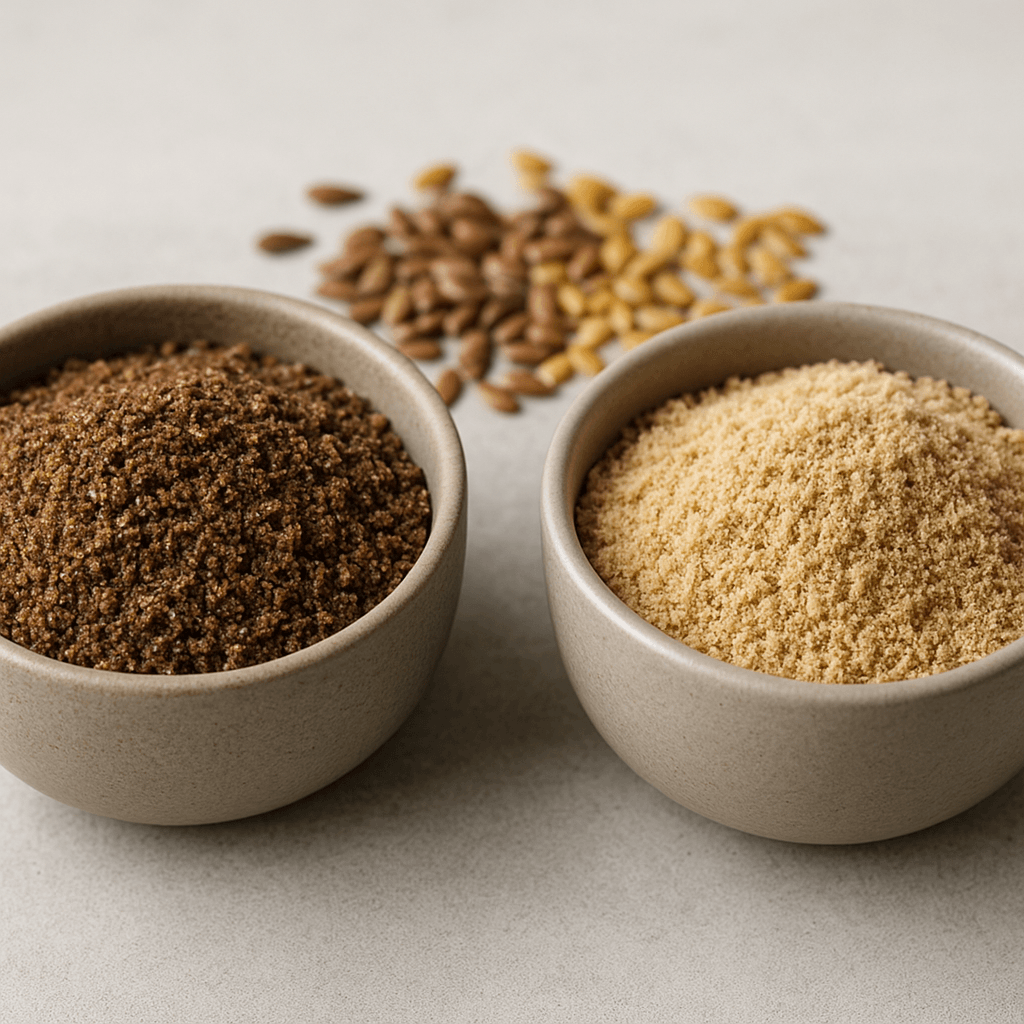 Deux formes de farine de lin peuvent présenter des textures et des aspects différents.