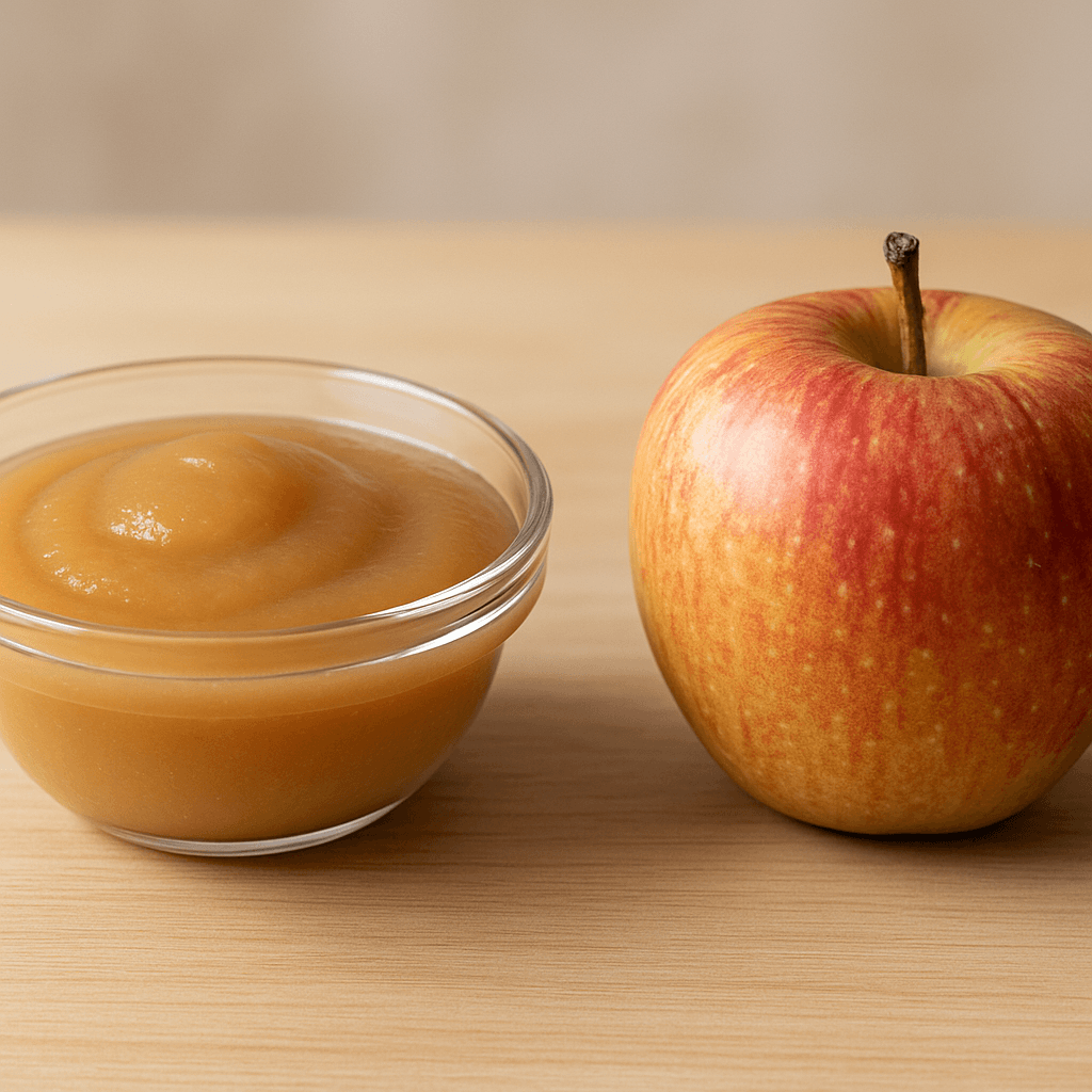 La compote présente une texture lisse, tandis que le fruit entier conserve sa structure.