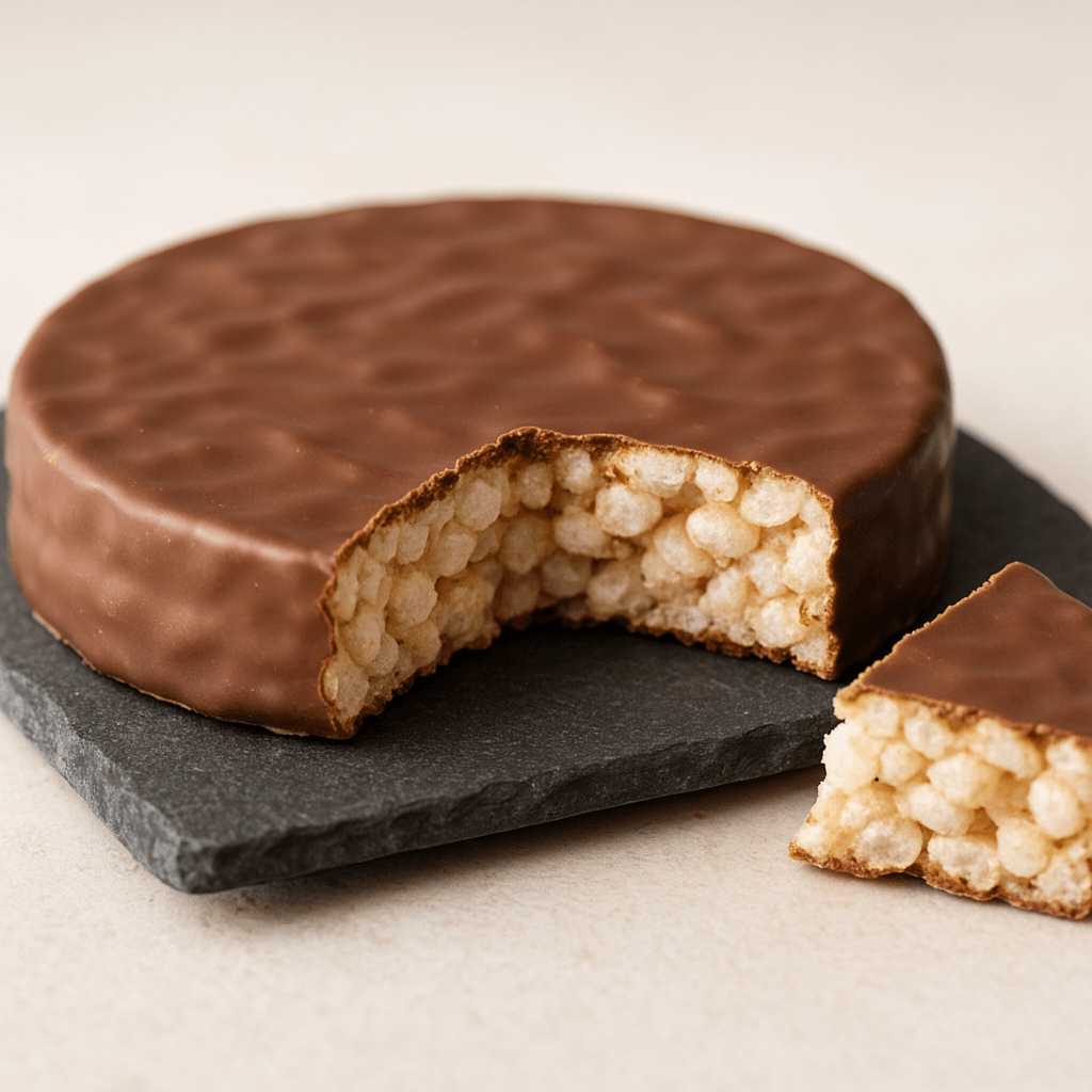 La cassure montre la base de riz soufflé et l’enrobage chocolaté d’une galette.