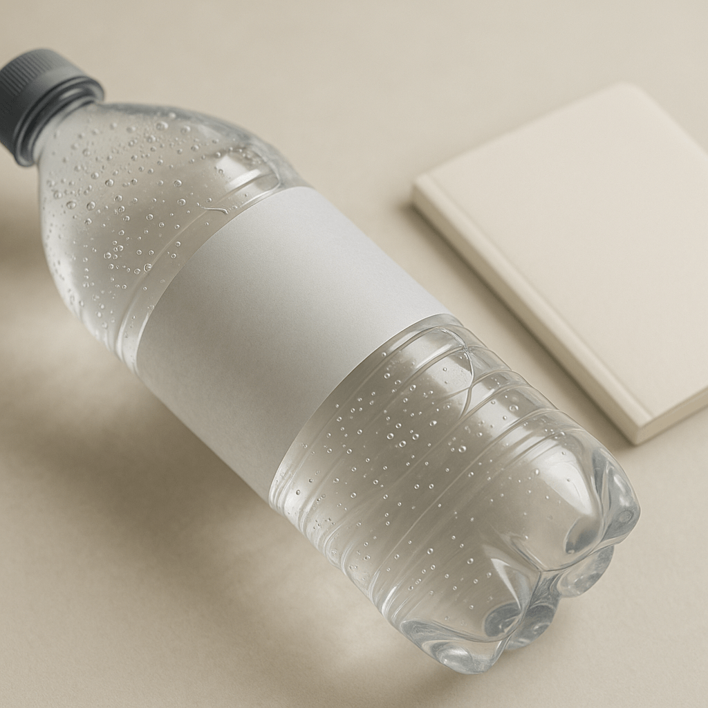 Une bouteille d’eau minérale gazeuse observée pour vérifier sa référence et son lot.