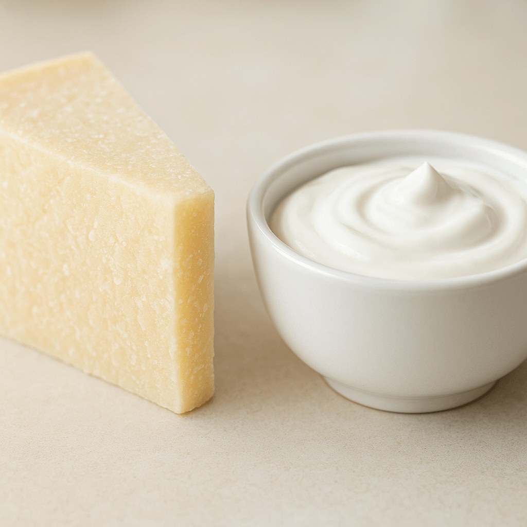 La comparaison montre les textures distinctes d’un fromage à pâte dure et du fromage blanc.