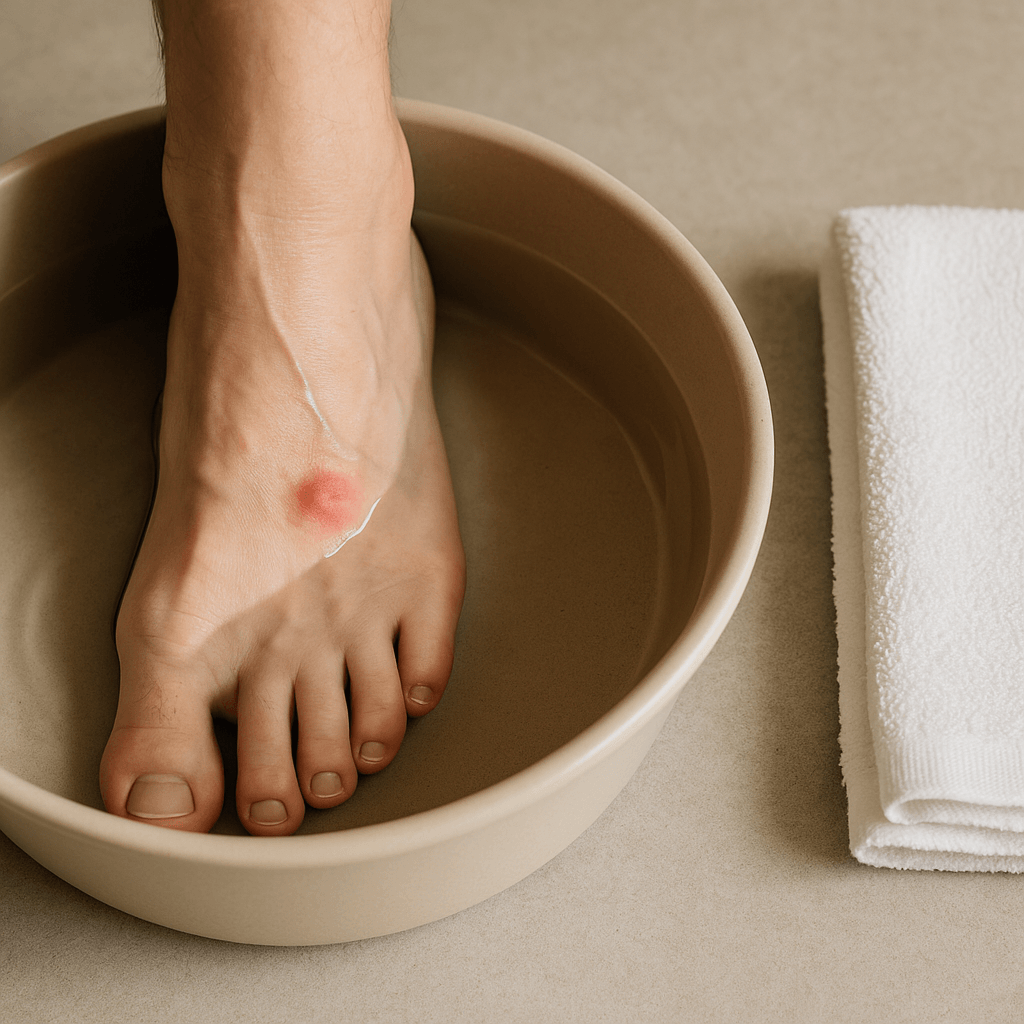 Un pied est immergé dans une eau chaude supportable pour soulager une douleur après une piqûre possible.