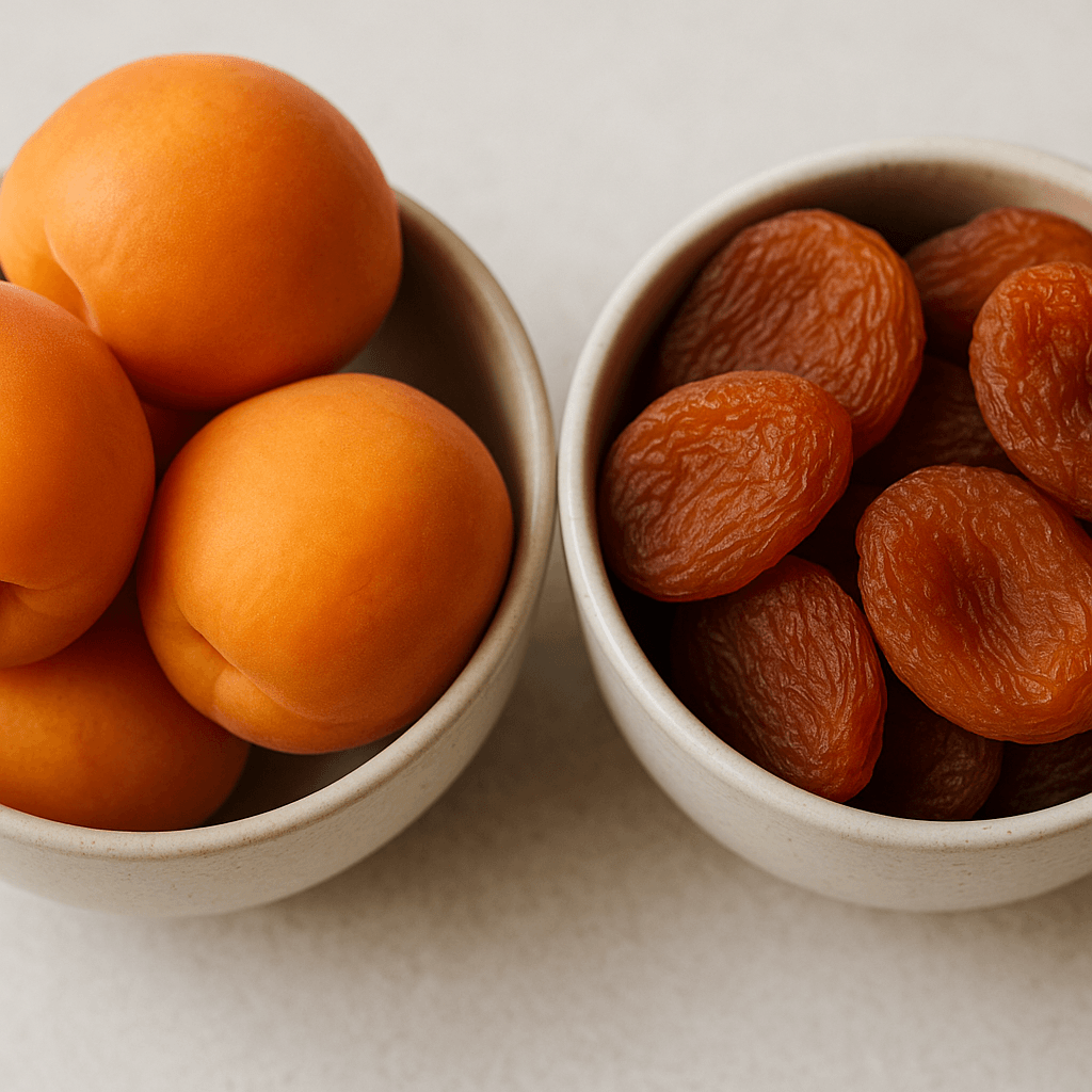 Abricots frais et abricots secs illustrant la différence de teneur en eau après séchage.