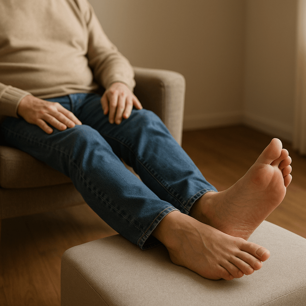 Une personne surélève ses jambes, un geste parfois proposé lorsque le retour veineux semble en cause.