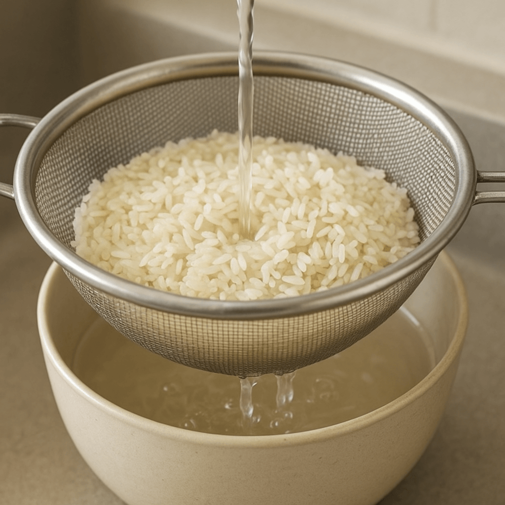 Rincer le riz dans une passoire avant cuisson fait partie des gestes de préparation évoqués.