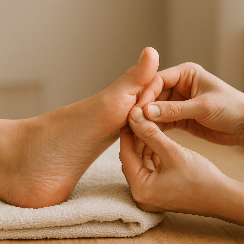 Mobilisation douce des orteils lors d’un massage de confort du pied.