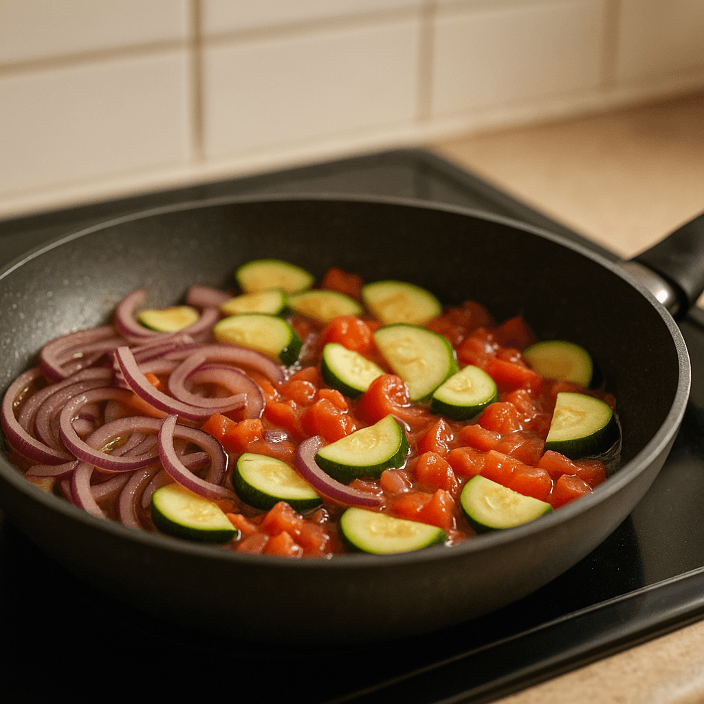 Oignon rouge émincé cuit avec des courgettes et des tomates dans une préparation de légumes.