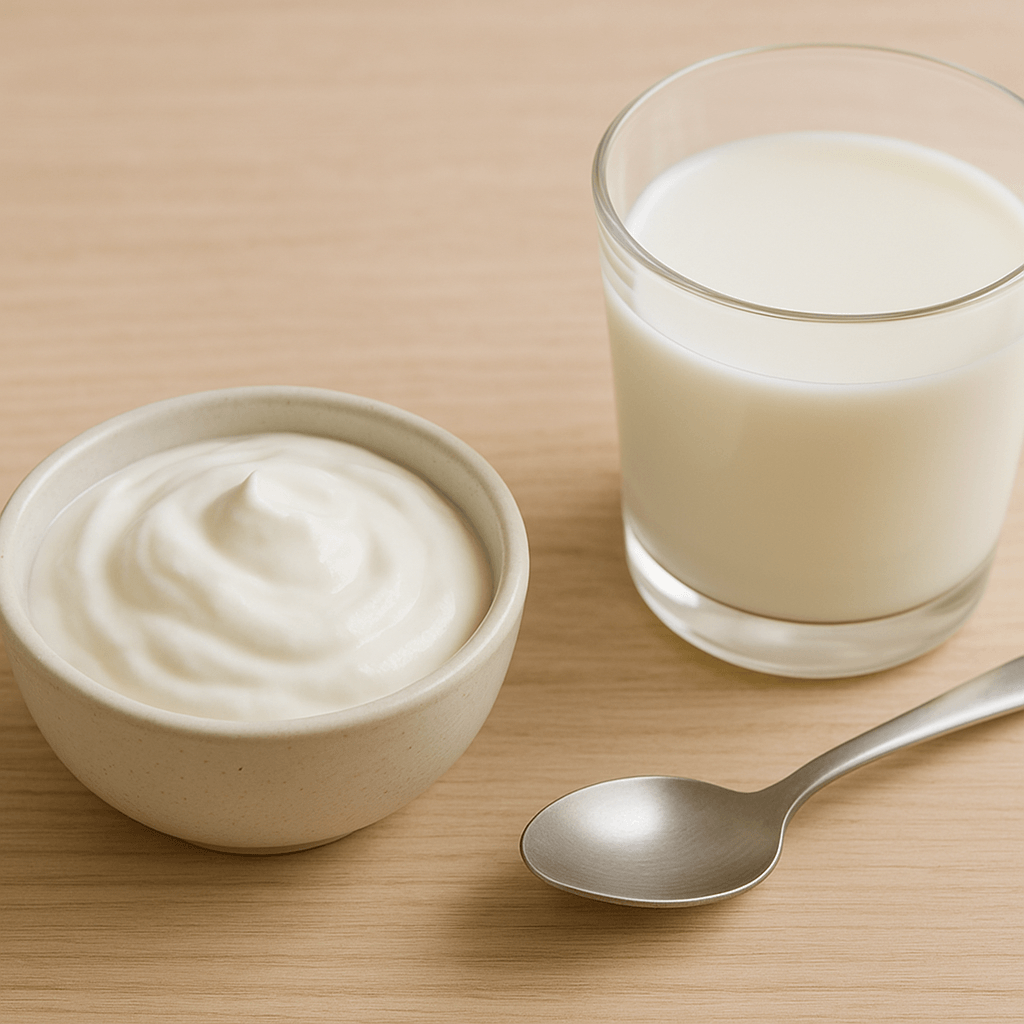 Deux présentations neutres de produits fermentés permettent de comparer leur type et leur texture.