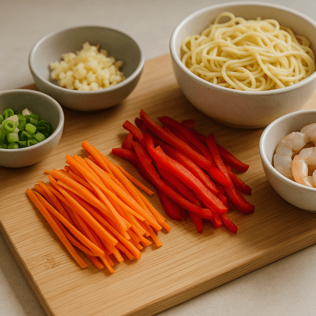 Les légumes, aromates, nouilles et crevettes sont préparés séparément avant la cuisson au wok.